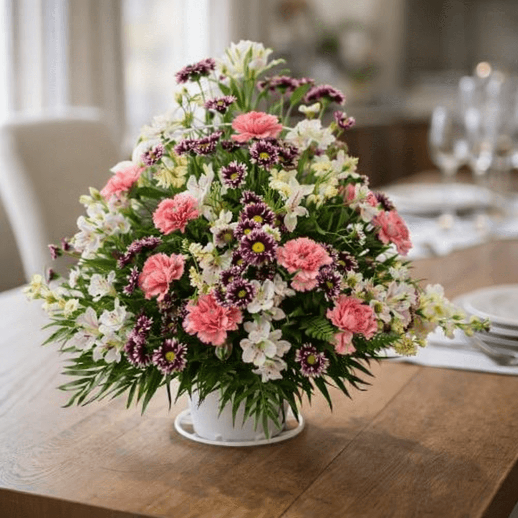 Mixed flowers in a handled basket